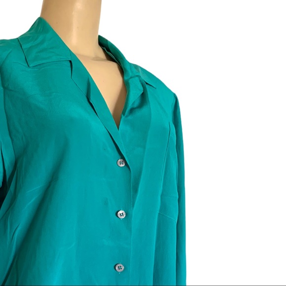 True Vintage 💯% Silk Kelly Green 80’s Button Up LS Blouse Shoulder Pads - Picture 4 of 10